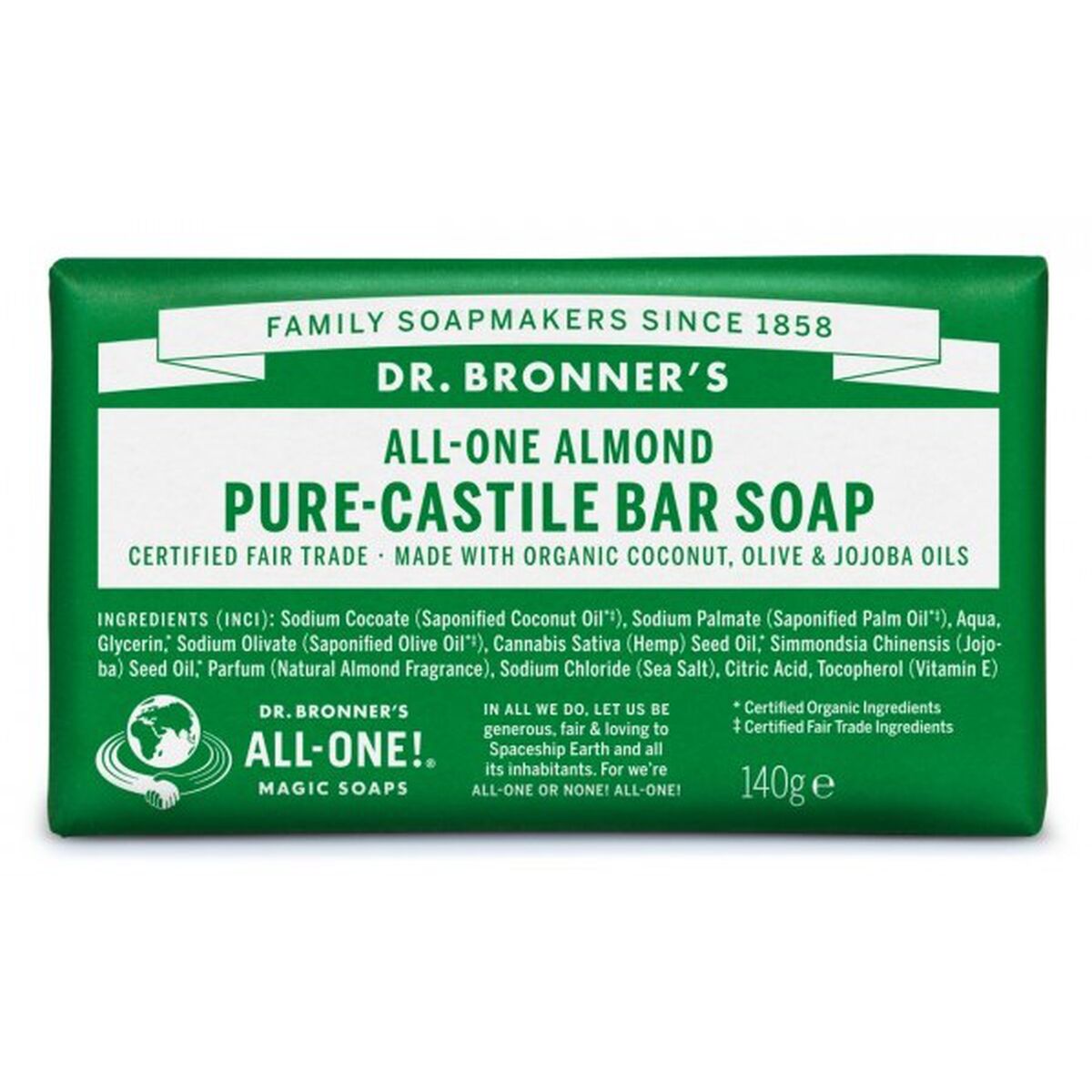Sæbekage Dr Bronner's 140 g mandler produktemballage