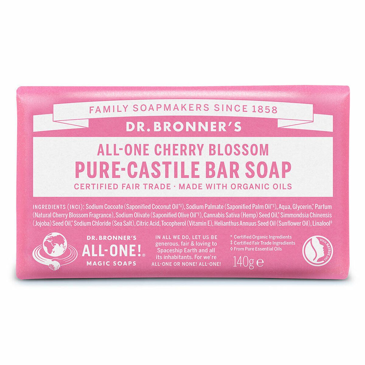 Sæbekage Dr Bronner's All One Cherry Blossom 140 g produktemballage