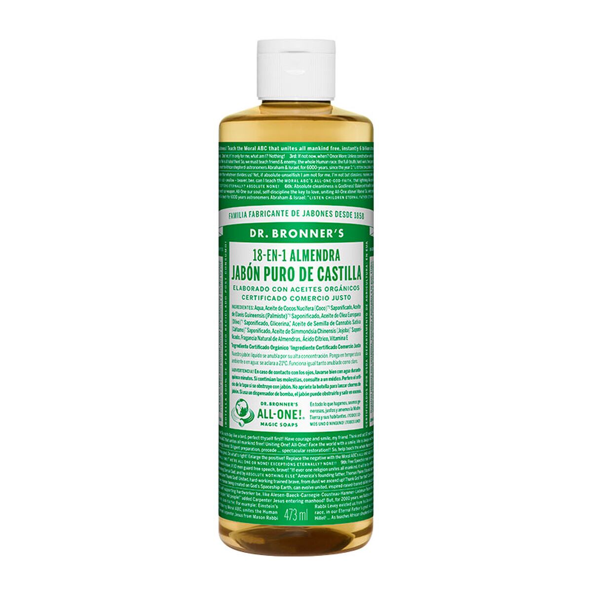 Flydende sæbe Dr Bronner's 18 i 1 Almendra 475 ml produktemballage
