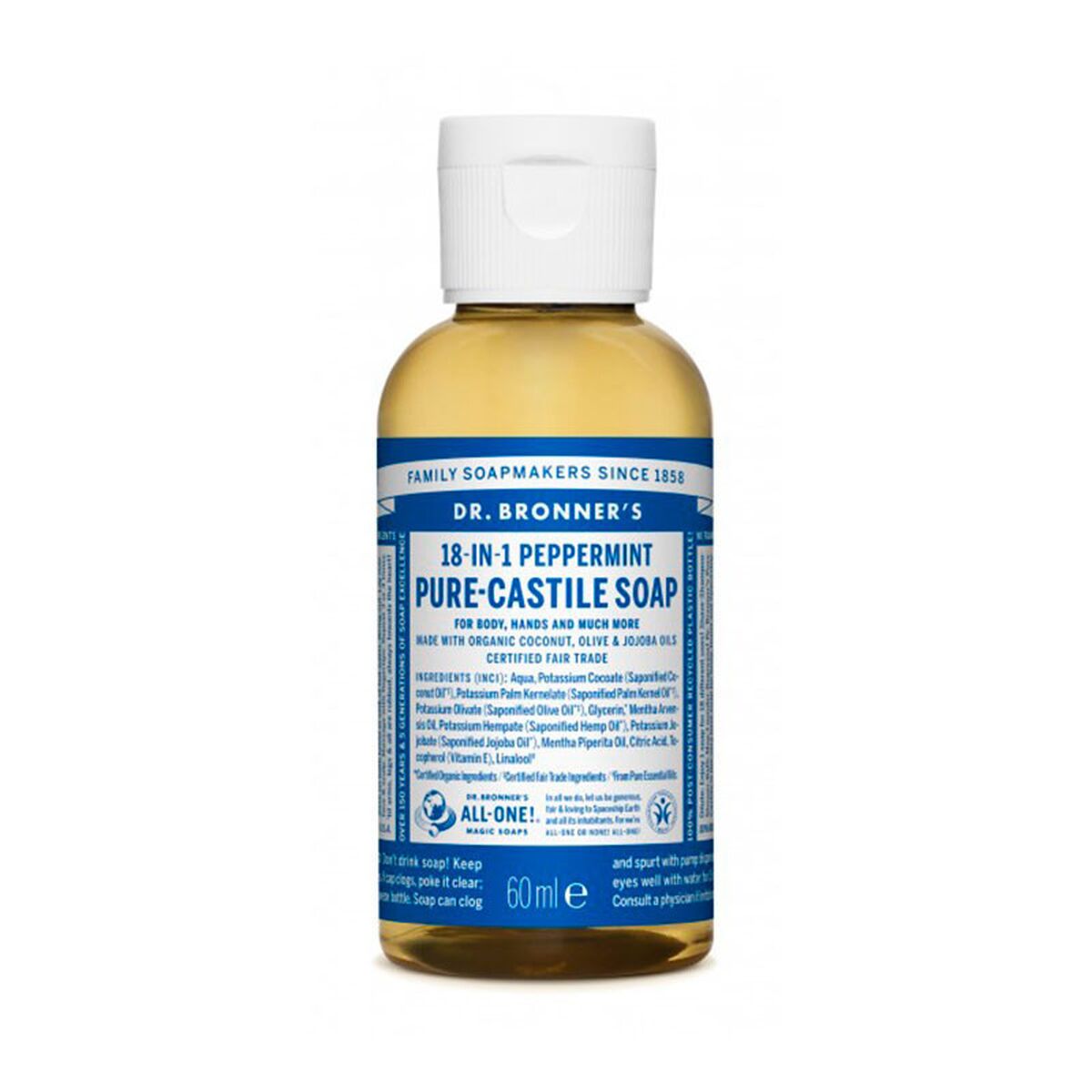 Flydende sæbe Dr Bronner's 18 i 1 Pebermynte 60 ml produktemballage