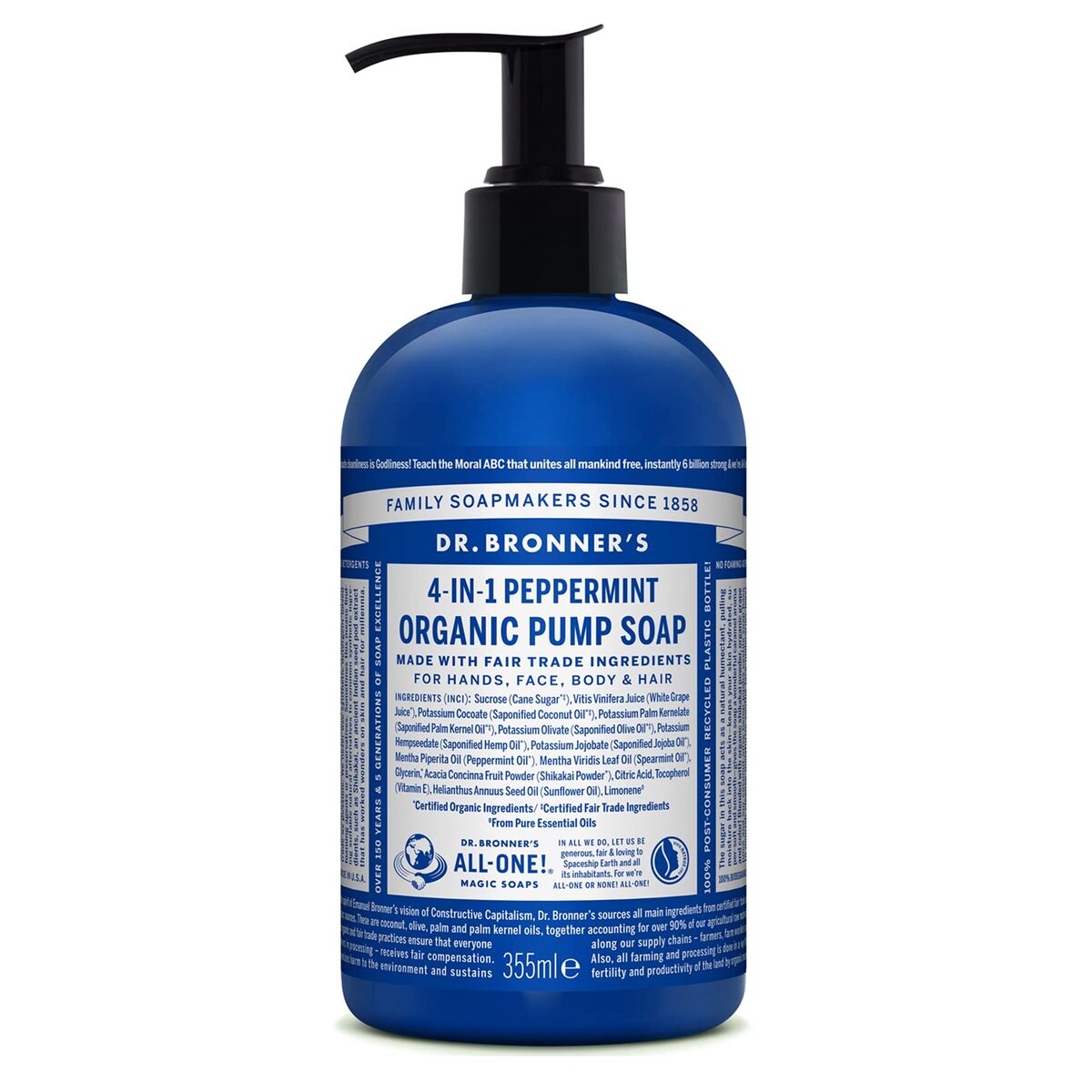 Håndsæbe Dr Bronner's 4 i 1 Pebermynte 355 ml produktemballage