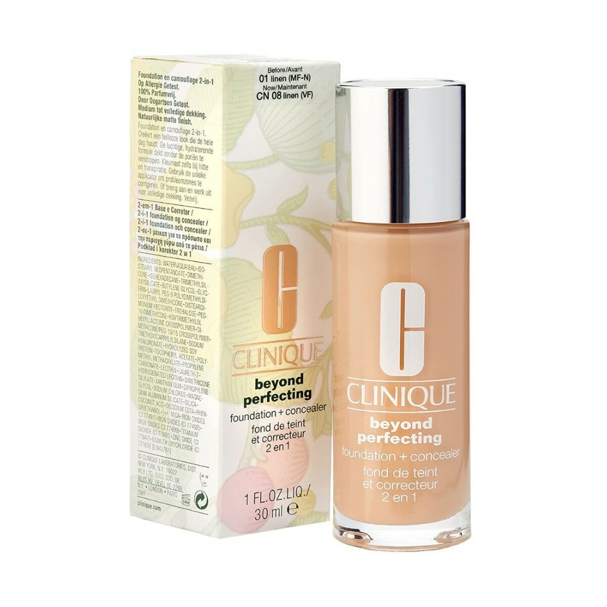 Flydende Make Up Base Clinique Beyond Perfecting Nº 1-Lin 30 ml 2-i-1 produktemballage