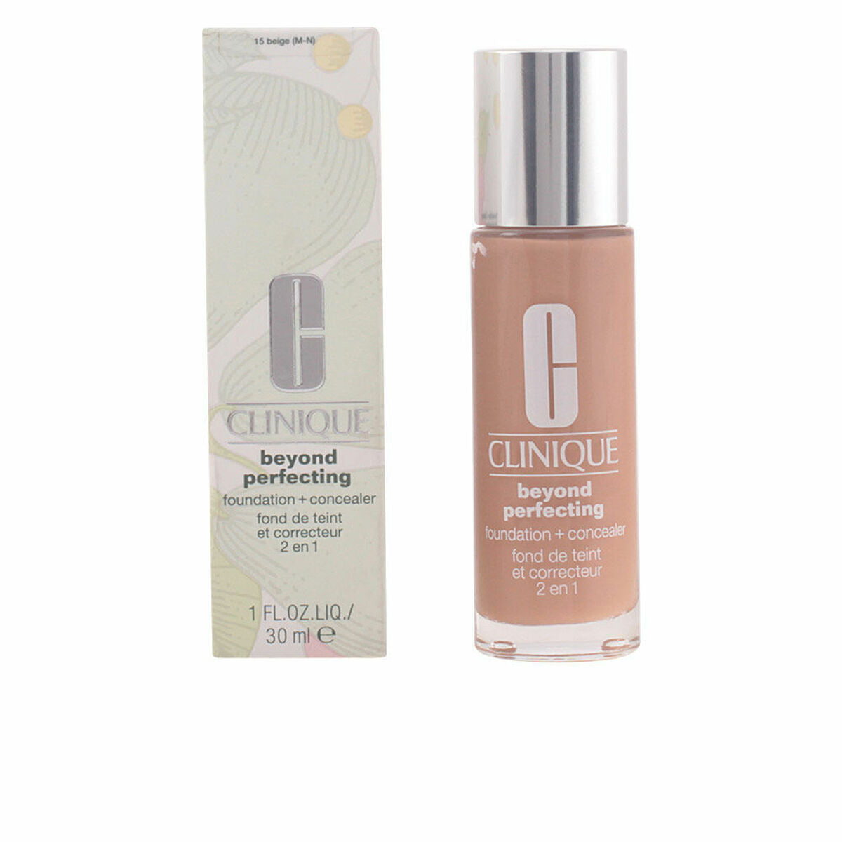 Flydende Make Up Base Clinique Beyond Perfecting Nº 15-Beige 30 ml 2-i-1 produktemballage