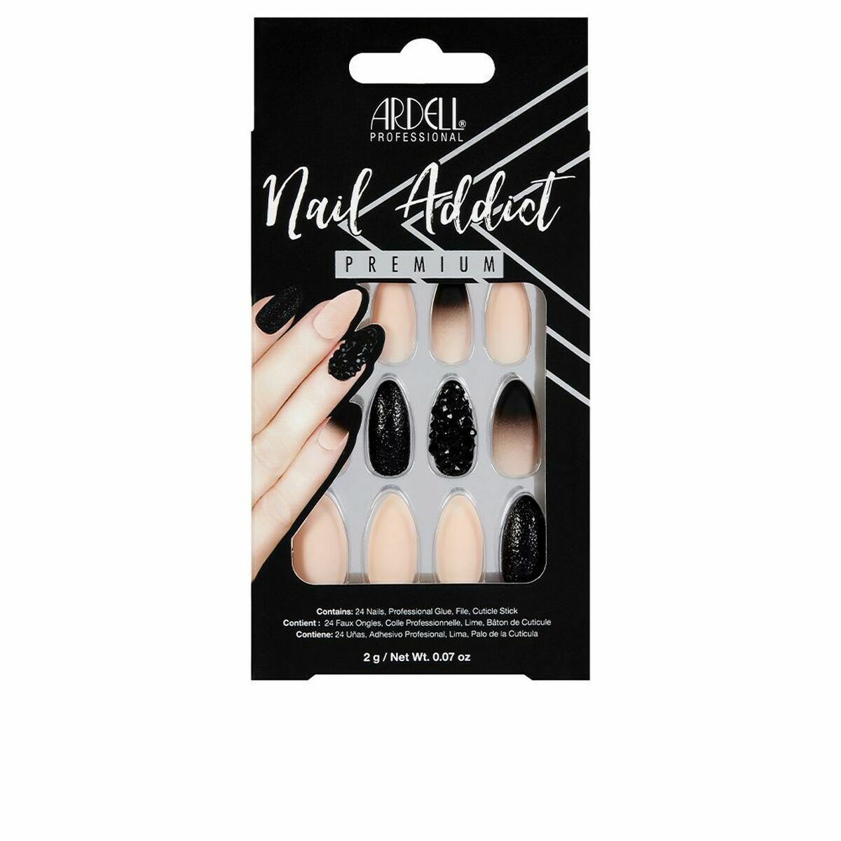Falske negle Ardell Nail Addict Black Stud & Pink Ombre (24 stk) produktemballage