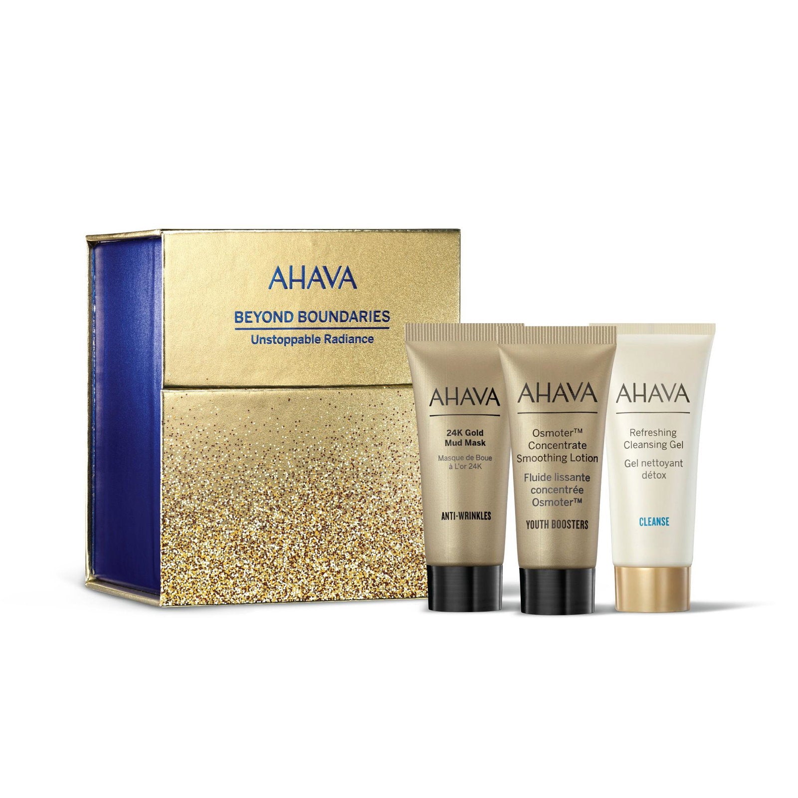Unstoppable Radiance Set Ahava: Osmoter Concetrate, Smoothing, Lotion, For Face, 15 ml + Refresing, Eliminates Impurities, Cleansing Gel, For Face, 15 ml + 24K Gold Mineral, Anti-Wrinkle, Mud Mask, For Face, 15 ml + Ahava, GWP Textile Pouch