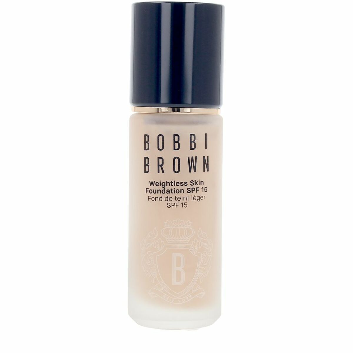 Flydende make-up base Bobbi Brown VÆGTløs hud Ivory Spf 15 30 ml produktemballage