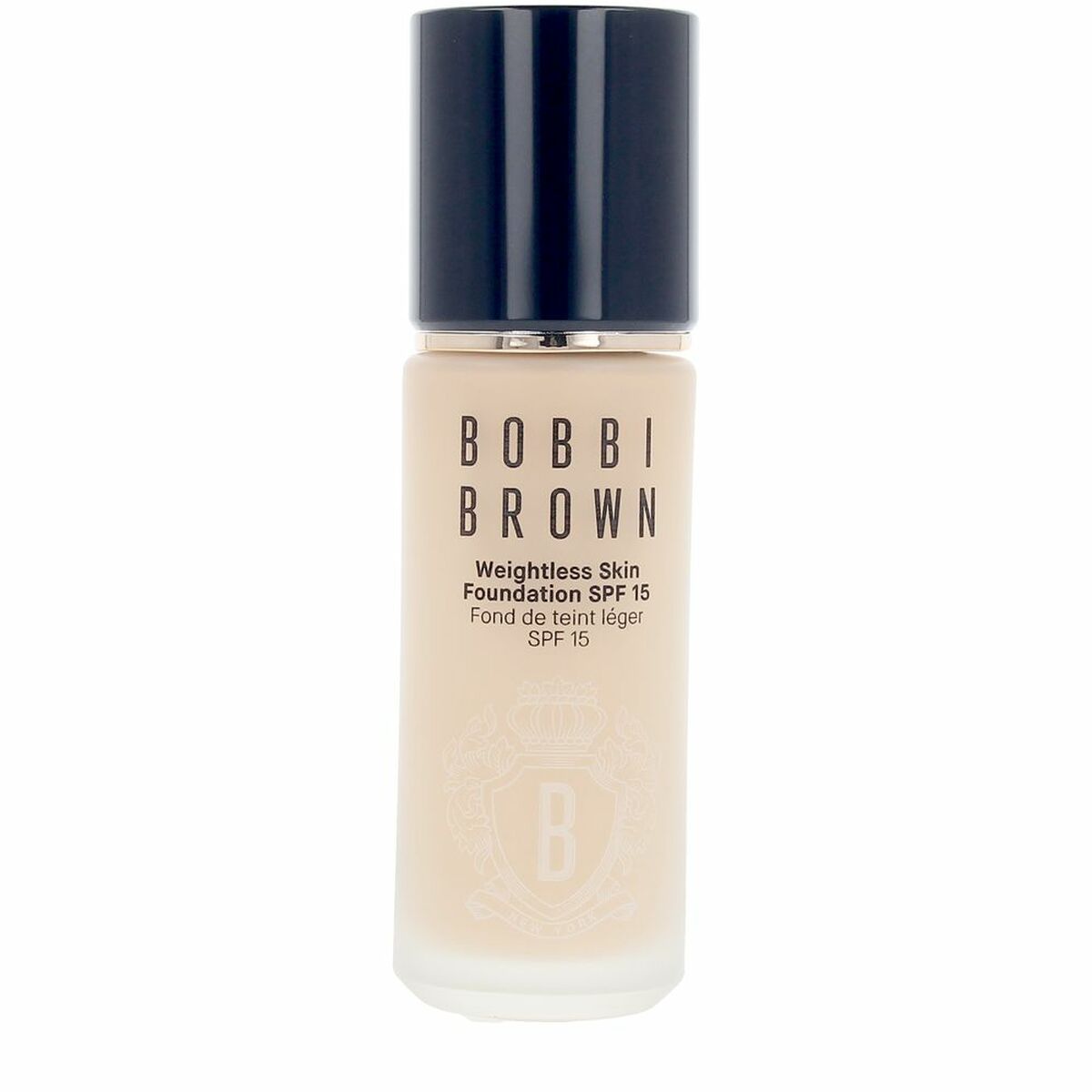 Flydende make-up base Bobbi Brown VÆGTløs hud Ivory Spf 15 30 ml produktemballage