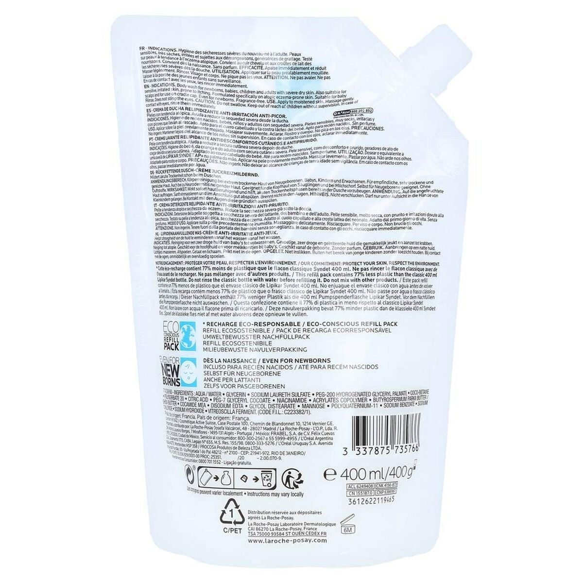 Rensecreme La Roche Posay Lipikar Syndet AP+ 400 ml Relipidant Refill til kvinder hudplejeemballage