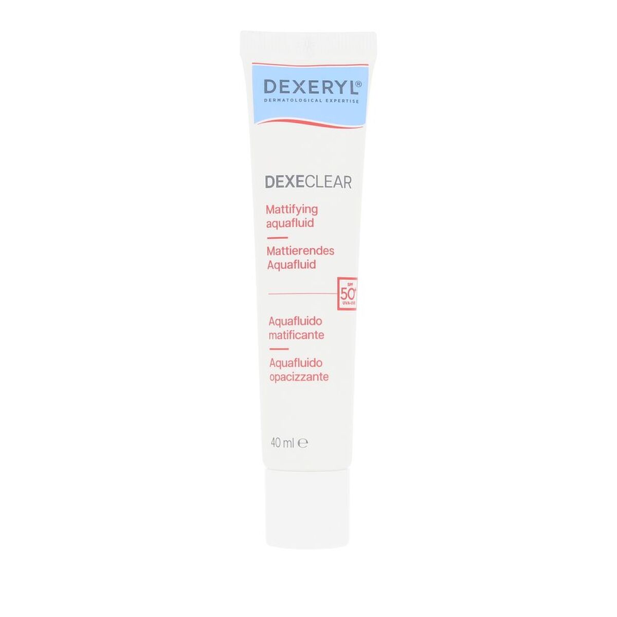 Fugtgivende mat flydende Dexeryl DEXECLEAR Spf 50 Spf 50+ 40 ml produktemballage