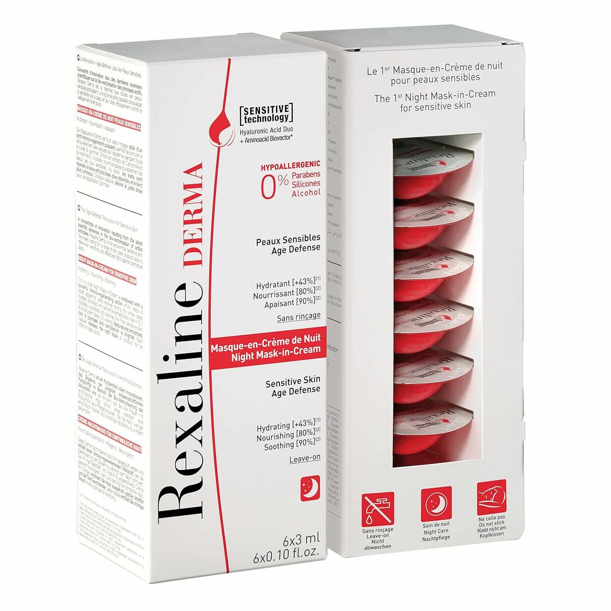 Moisturizing Overnight Mask Rexaline Derma 3 ml 75 ml 3 ml x 6 Sensitiv hud til kvinder maske emballage