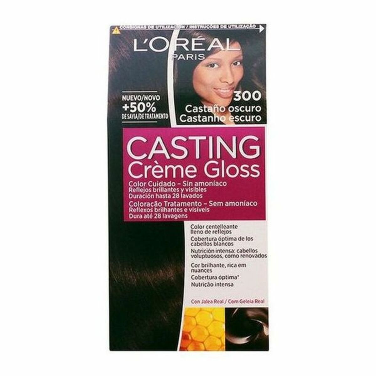 Farve uden ammoniak L'Oreal Make Up Støbning Creme Gloss Nº 300-Castano Oscuro 180 ml hudplejeemballage