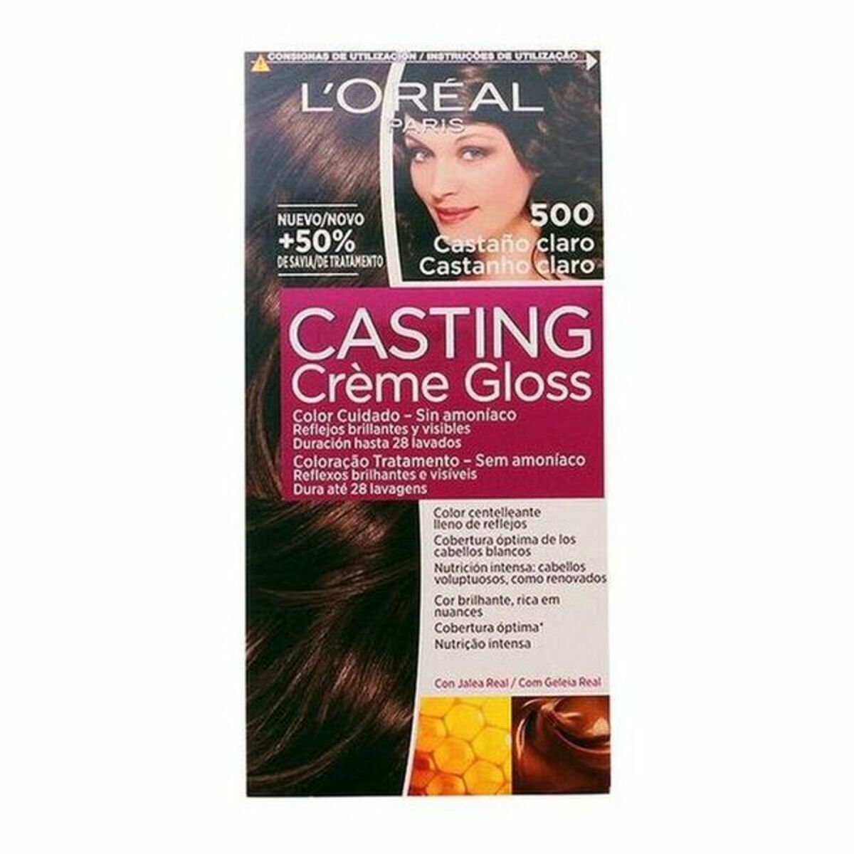 Farve uden ammoniak L'Oreal Make Up Støbning Creme Gloss Nº 500-Castano Claro 180 ml hudplejeemballage