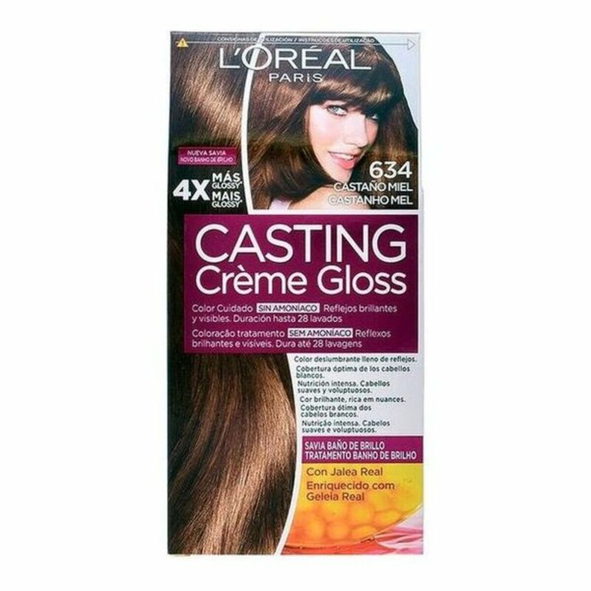 Farve uden ammoniak L'Oreal Make Up Casting Creme Gloss Nº 634-Castano Miel 180 ml hudplejeemballage