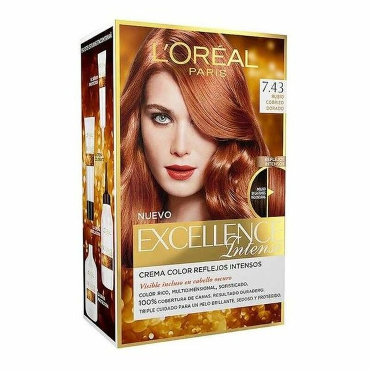 Permanent farvestof L'Oreal Make Up EXCELLENCE Golden Copper Red Nº 7,43 Rubio Cobrizo Dorado (1 enhed) produktemballage