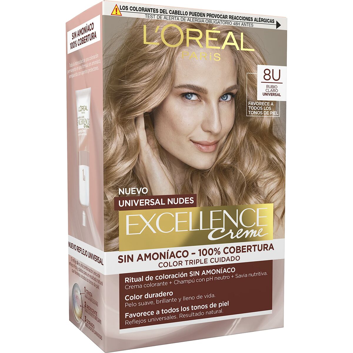 Permanent Dye L'Oréal Paris Excellence Nº 8u-Light Blonde (5 enheder) produktemballage