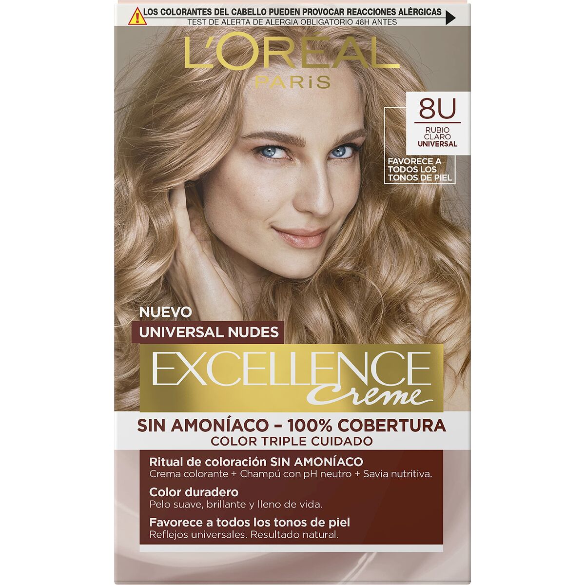 Permanent Dye L'Oréal Paris Excellence Nº 8u-Light Blonde (5 enheder) produktemballage