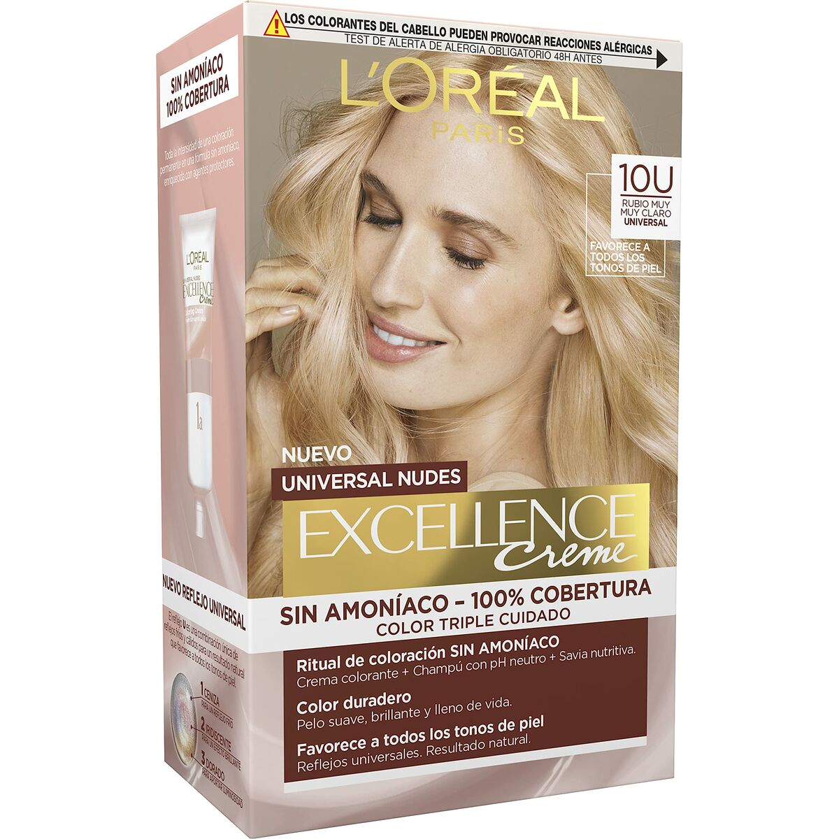 Permanent Dye L'Oreal Make Up Excellence Light Blonde Nº 10u-Lightest Blonde (5 enheder) produktemballage