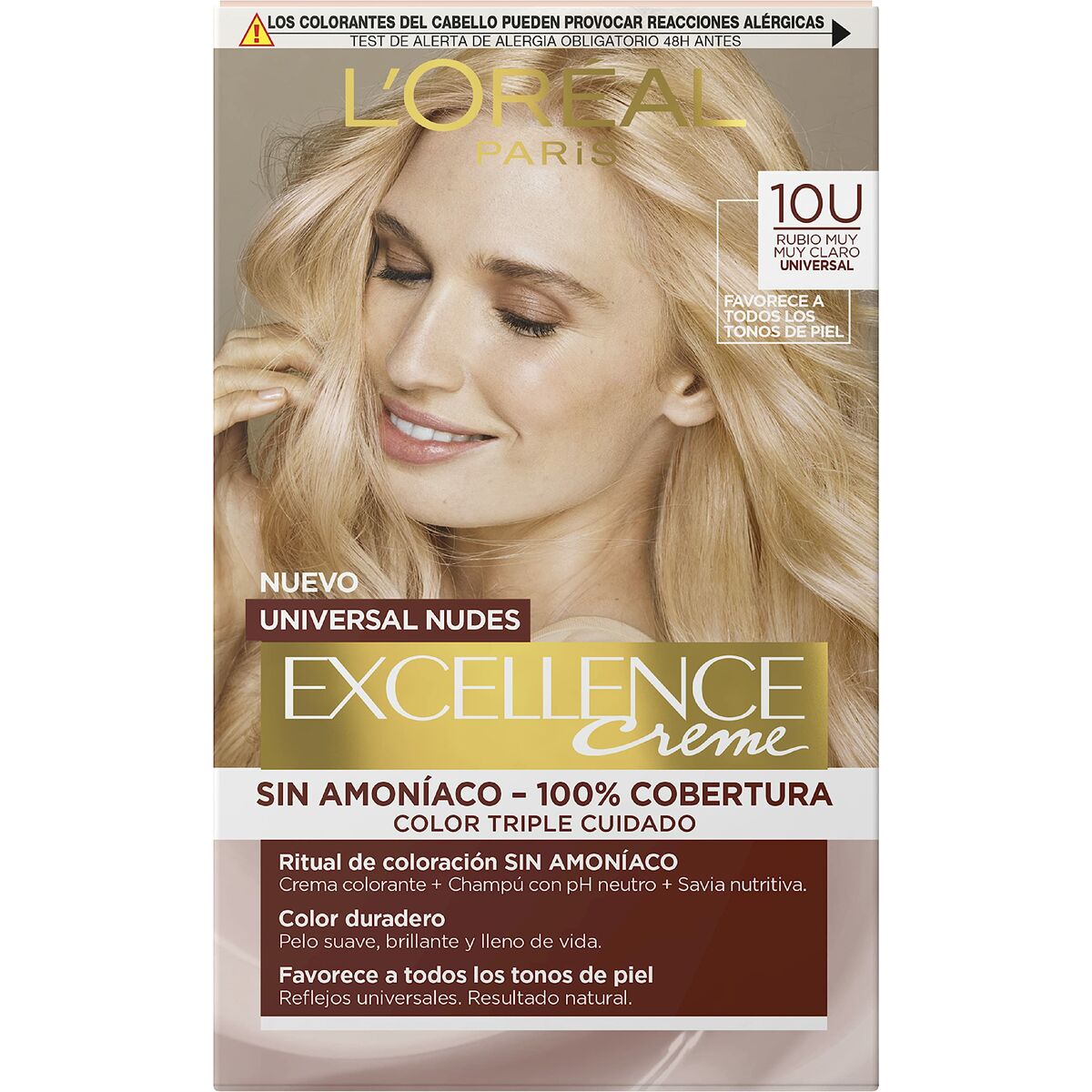 Permanent Dye L'Oreal Make Up Excellence Light Blonde Nº 10u-Lightest Blonde (5 enheder) produktemballage