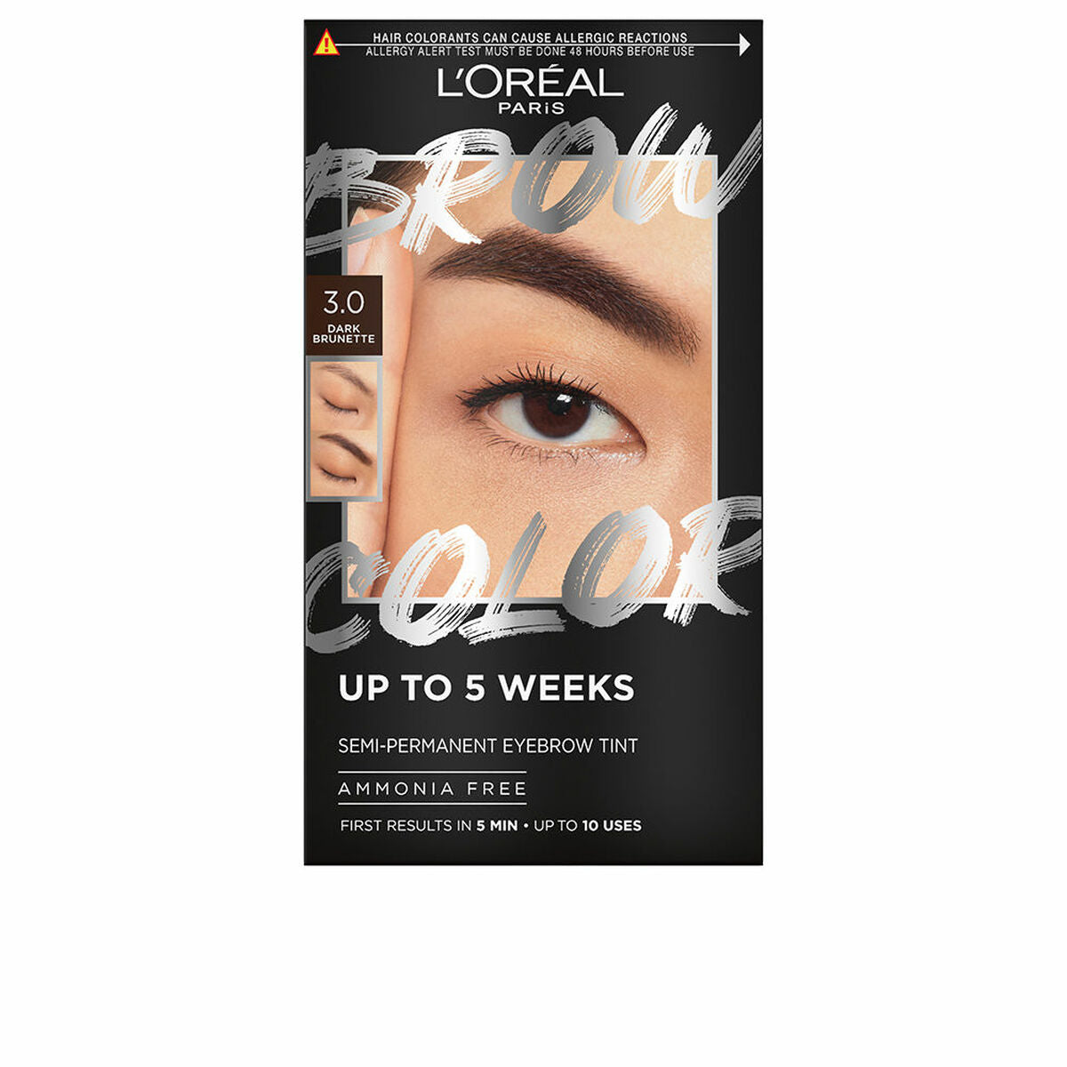 Øjenbrynfarve L'Oreal Make Up BROWN COLOR Nº 3.0 Mørk brunette Nº 3.0-Mørk Brunette Semi-permanent 4 stk. produktemballage