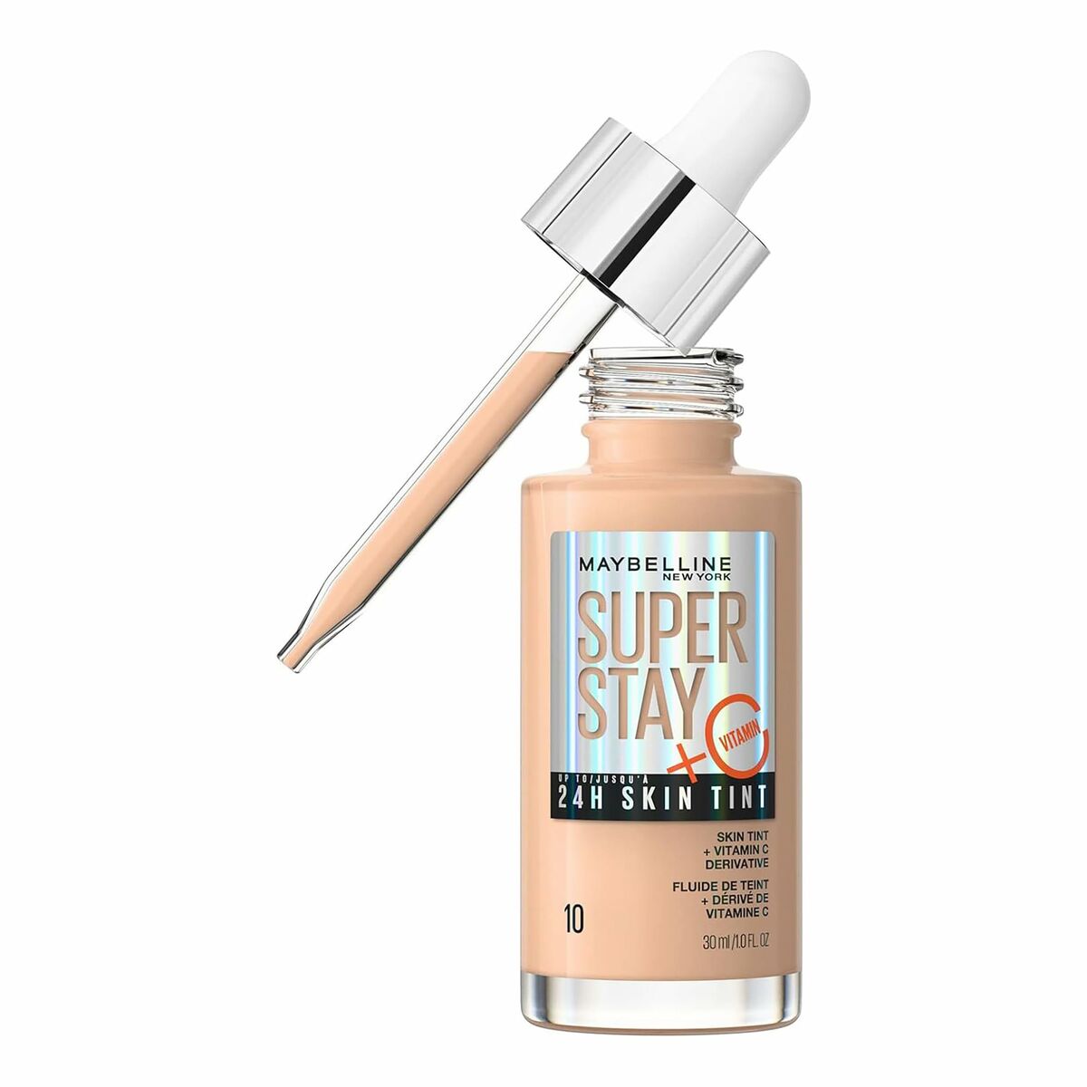 Flydende Make Up Base Maybelline Super Stay Skin Tint Nº 10 30 ml C-vitamin produktemballage