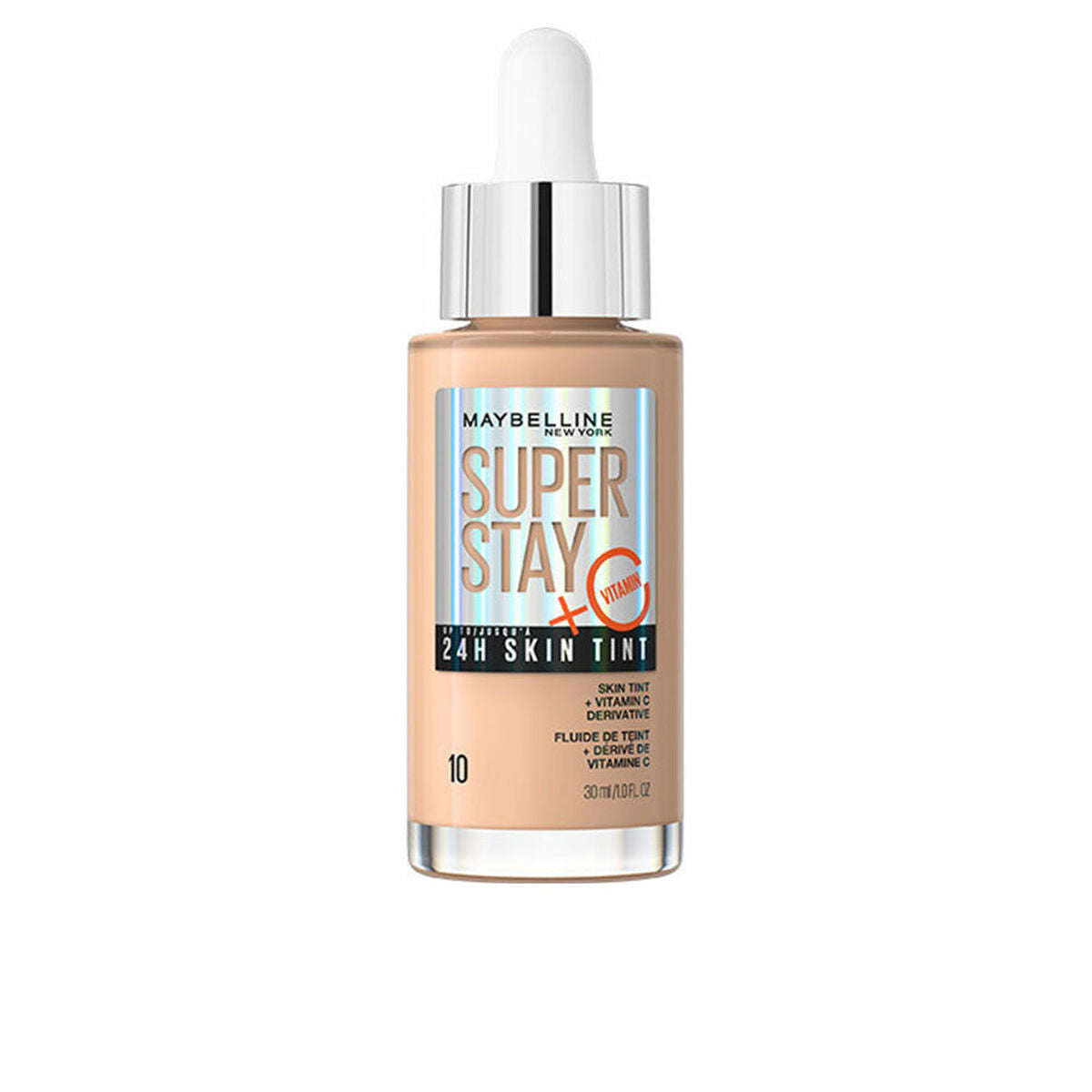 Flydende Make Up Base Maybelline Super Stay Skin Tint Nº 10 30 ml C-vitamin produktemballage