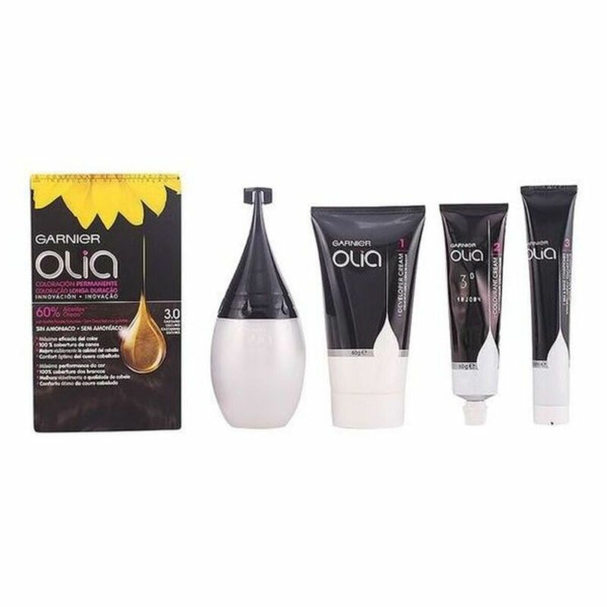 Farve uden ammoniak Garnier Olia Nº 3,0-Negro (1 enhed) produktemballage