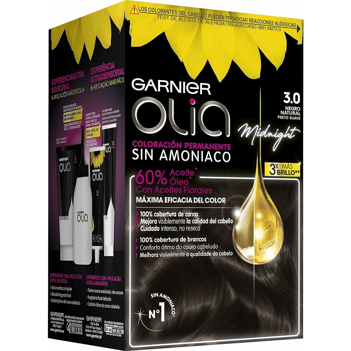 Farve uden ammoniak Garnier Olia Nº 3,0-Negro (1 enhed) produktemballage