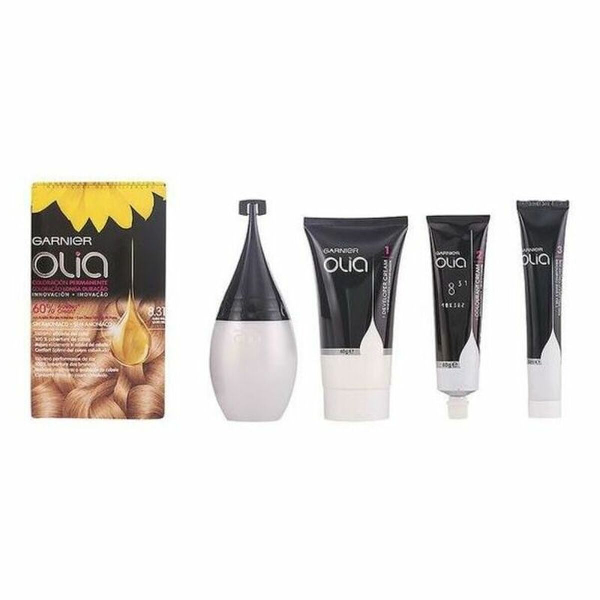 Farve uden ammoniak Garnier Olia Honey Blonde Nº 8,31 Rubio Miel Lote (1 enhed) produktemballage