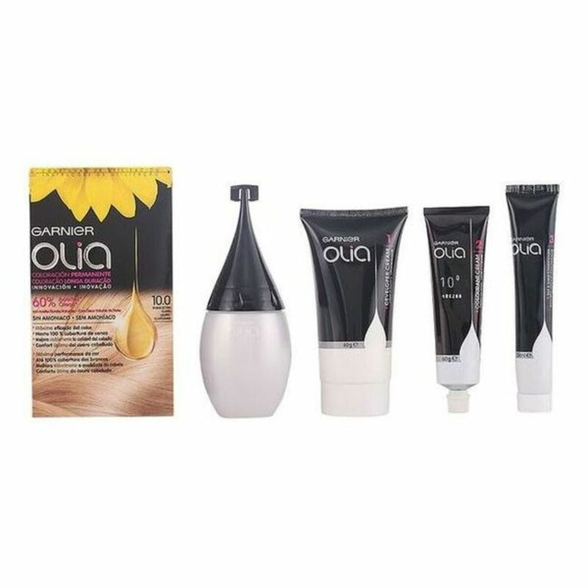 Farve uden ammoniak Garnier Olia Bright Blonde Nº 10,1- Rubio Extra Claro Lote 120 g (1 enhed) produktemballage