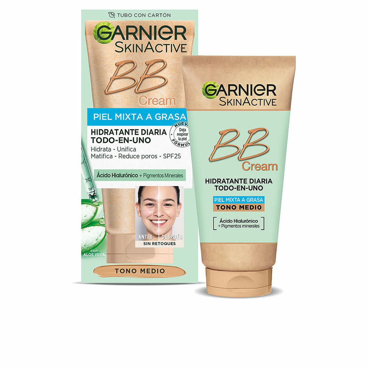 Fugtgivende creme med farve Garnier Skinactive Bb Cream Medium Spf 25 50 ml kombineret hud Hudplejeemballage til fedtet hud