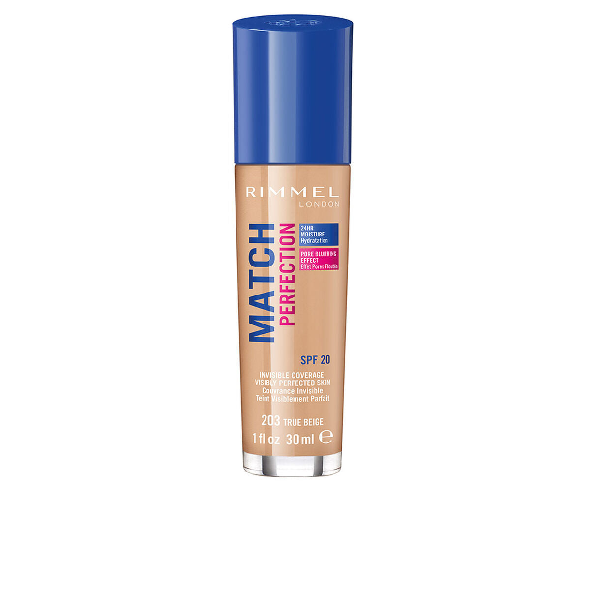 Flydende Make Up Base Rimmel London Match Perfection Nº 203 Spf 20 30 ml produktemballage