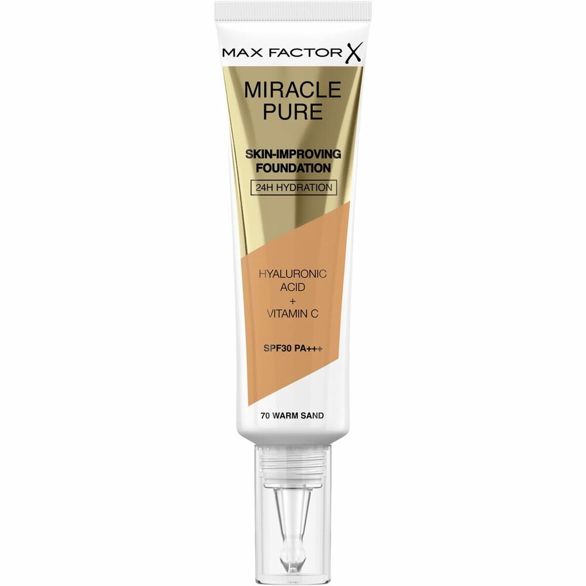 Flydende Make Up Base Max Factor Miracle Pure Nº 70-varmt sand Nº 70 Warm Sand Spf 30 ml produktemballage
