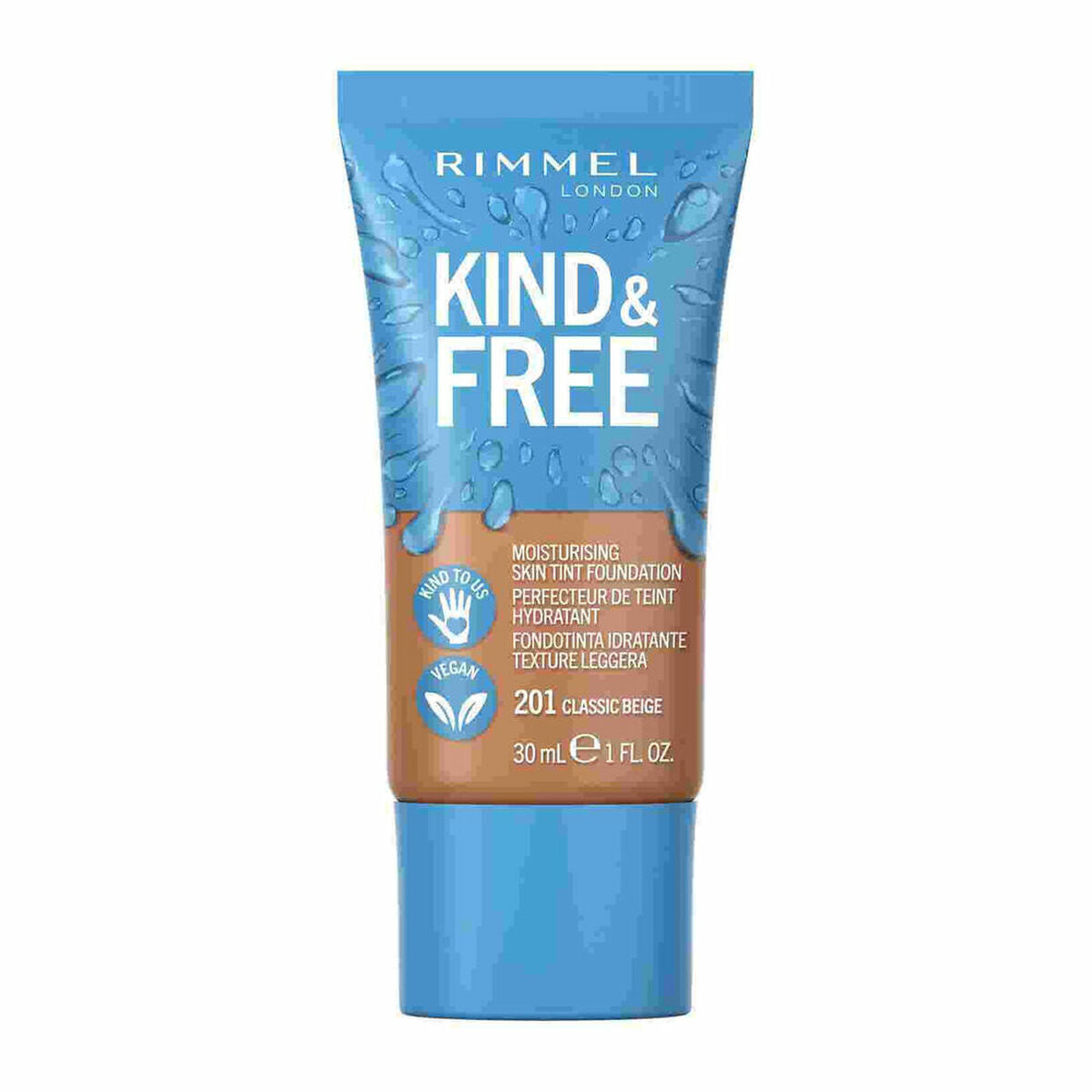 Crème Make-up Base Rimmel London Kind & Free 210-gyldne beige (30 ml) produktemballage