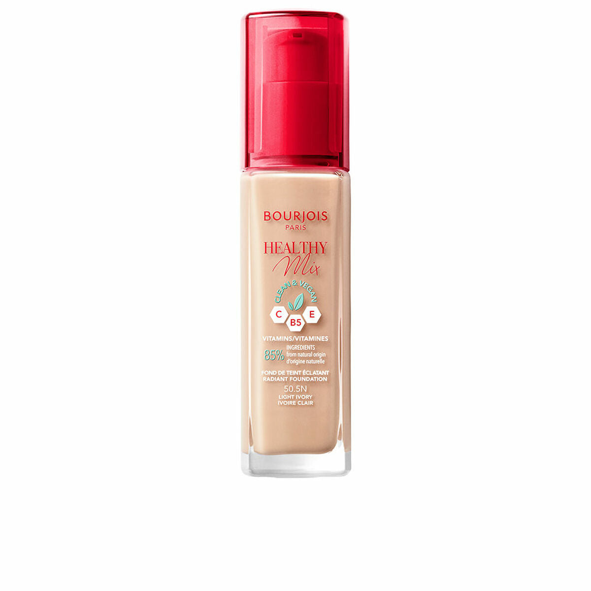 Flydende make-up base Bourjois Healthy Mix Nº 50.5N Light elfenben Nº 50.5n-Light Ivory 30 ml produktemballage