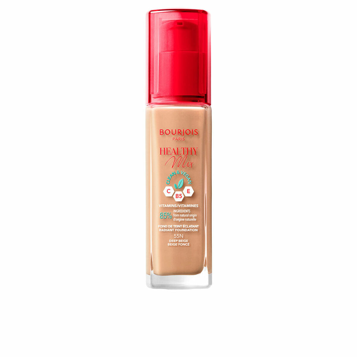 Flydende Make Up Base Bourjois Healthy Mix Nº 55 Nº 55-Deep Beige 30 ml produktemballage
