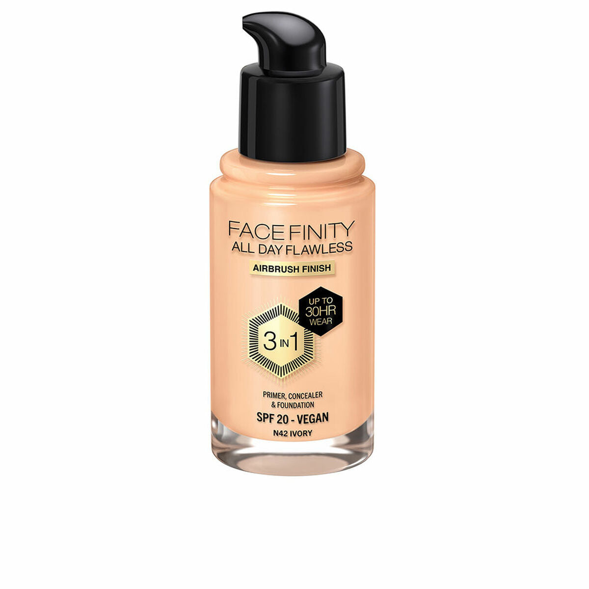 Creme Make-up Base Max Factor Face Finity Hele dagen Flawless Nº N42 Ivory N42-Ivory Spf 20 30 ml 3-i-1 produktemballage