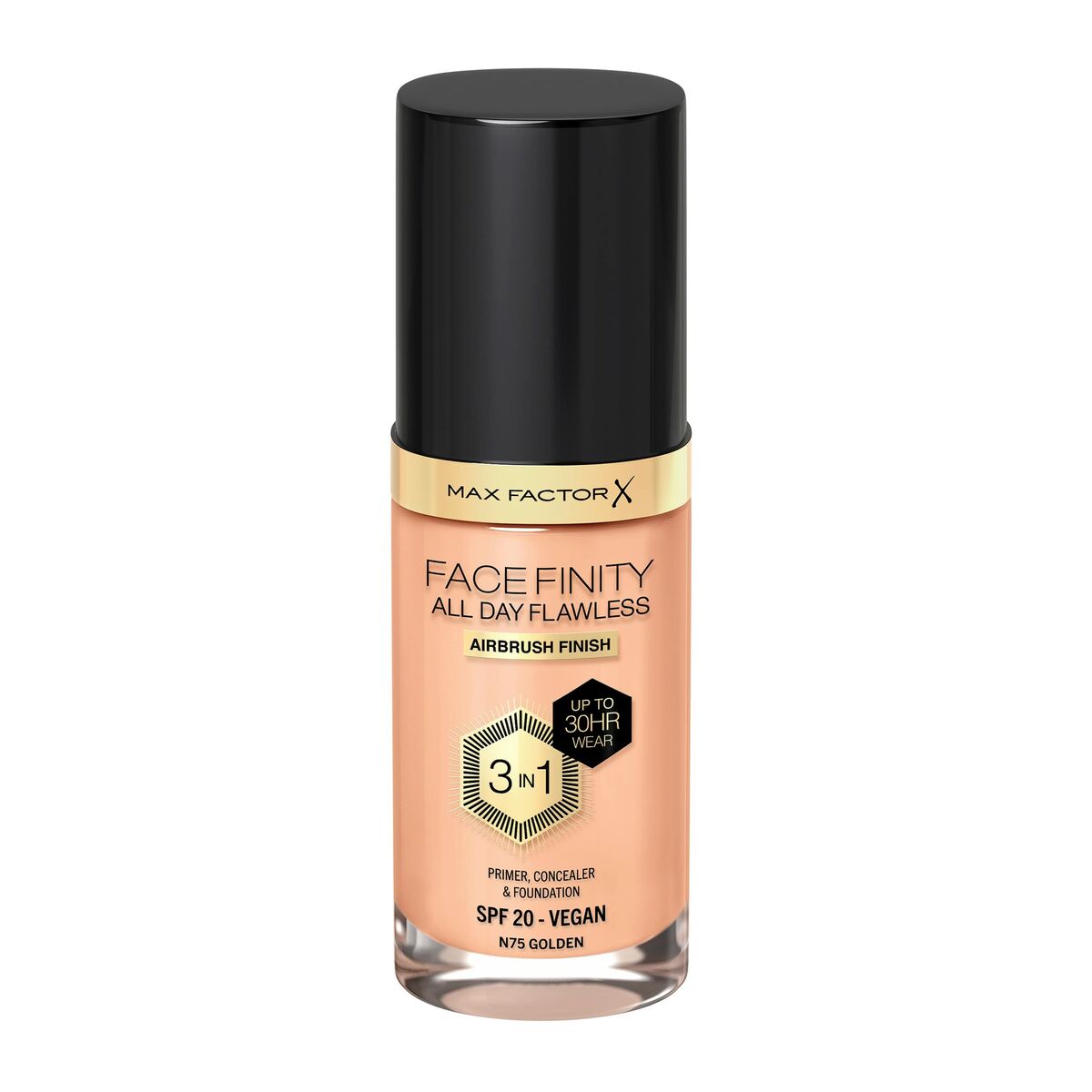 Creme Make-up Base Max Factor Facefinity Nº 75 Golden Spf 20 30 ml 3-i-1 produktemballage