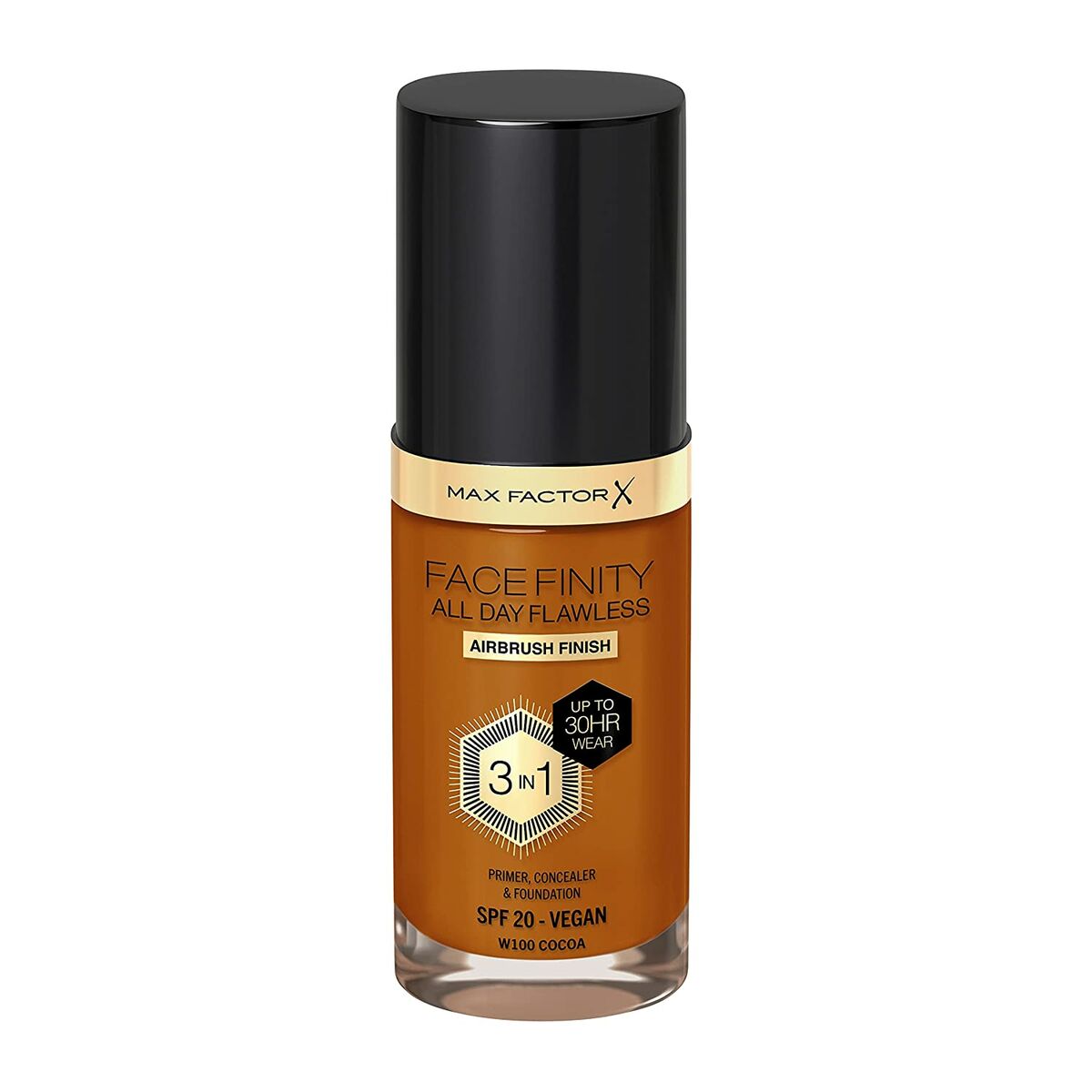 Flydende Make Up Base Max Factor Facefinity Hele dagen Flawless I Nº 100 Kakao Nº 100-Kakao 30 ml 3-i-1 produktemballage
