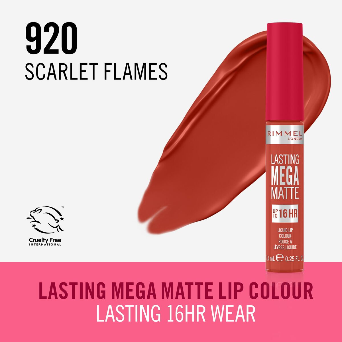 Flydende læbestift Rimmel London Lasting Mega Matte Nº 920 Scarlet Flames Nº 920-Scarlet Flames 7,4 ml makeup emballage 7,4 ml
