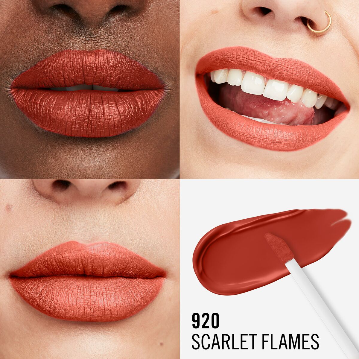 Flydende læbestift Rimmel London Lasting Mega Matte Nº 920 Scarlet Flames Nº 920-Scarlet Flames 7,4 ml makeup emballage 7,4 ml
