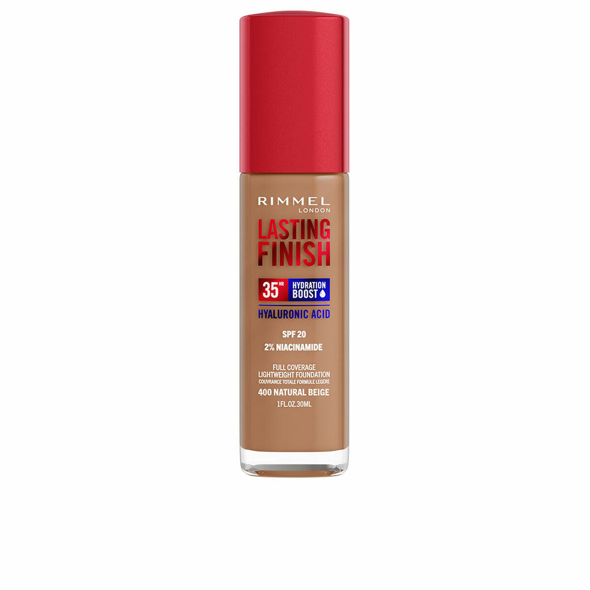 Flydende Make Up Base Rimmel London Lasting Finish Nº 400 Natural Beige Nº 400-Natural Beige Spf 20 30 ml produktemballage