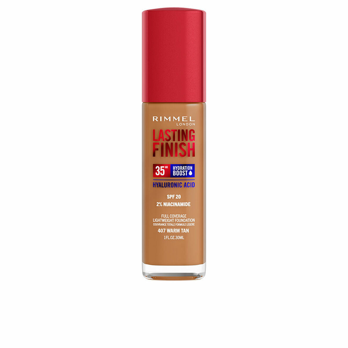 Creme Make-up Base Rimmel London Lasting Finish Nº 407 Warm Tan Nº 407-Warm Tan Spf 20 30 ml produktemballage