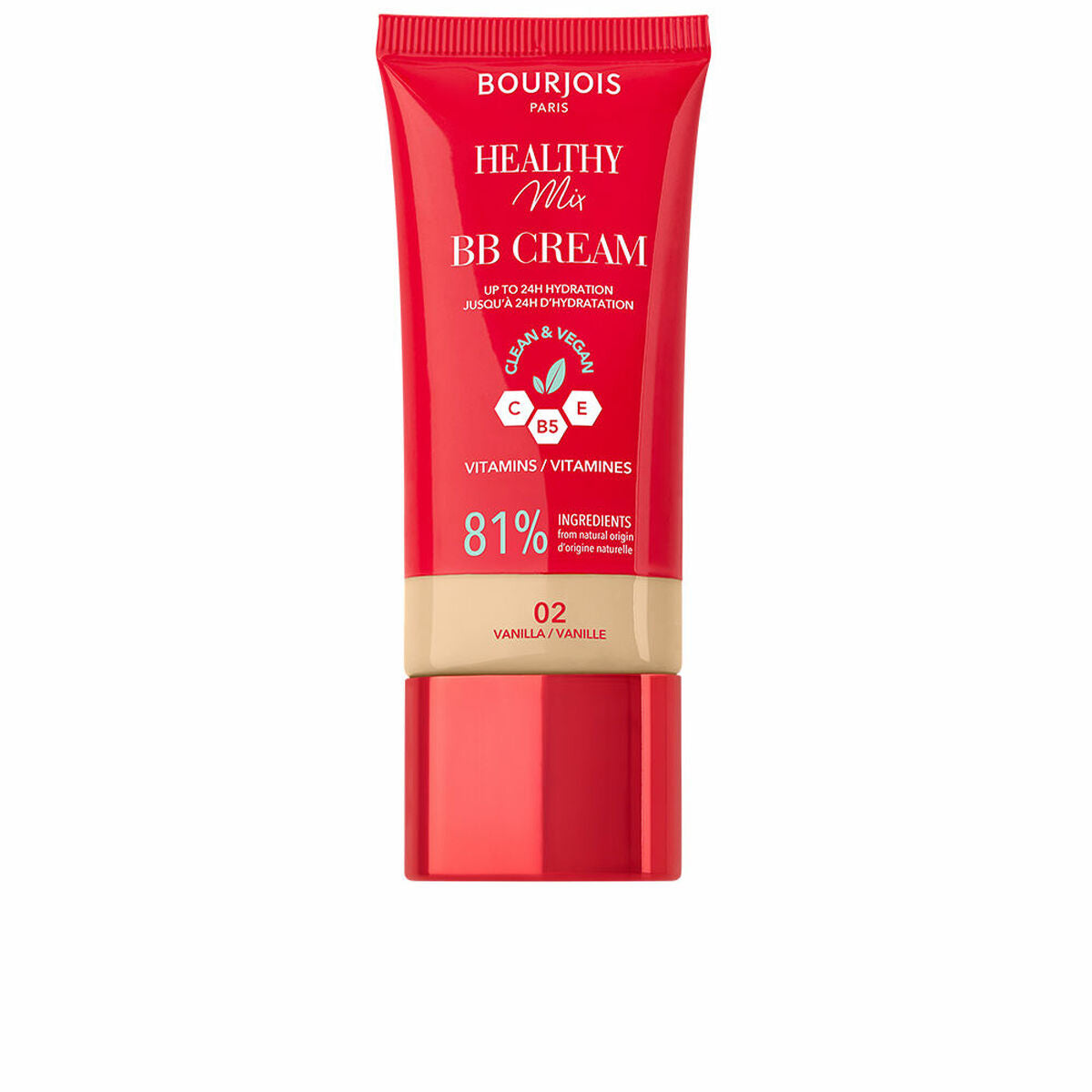 Fugtgivende creme med farve Bourjois HEALTHY MIX Nº 02-Vanilje 30 ml hudplejeemballage