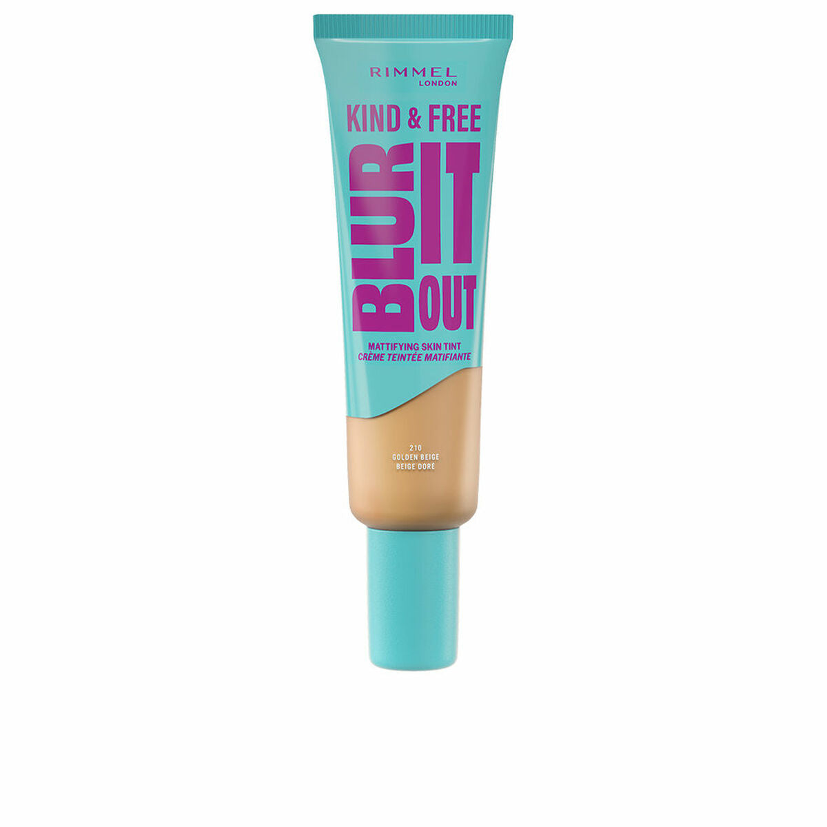 Flydende Make Up Base Rimmel London venlig & GRATIS SLÅ DET UD Nº 210-Gylden Beige 30 ml produktemballage