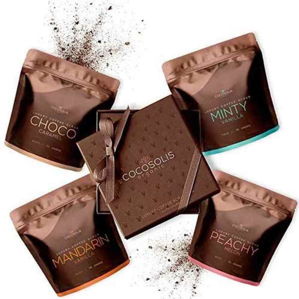 Facial Exfoliator Cocosolis Luxury Coffee Scrub Box 4 stykker til kvinder produktemballage