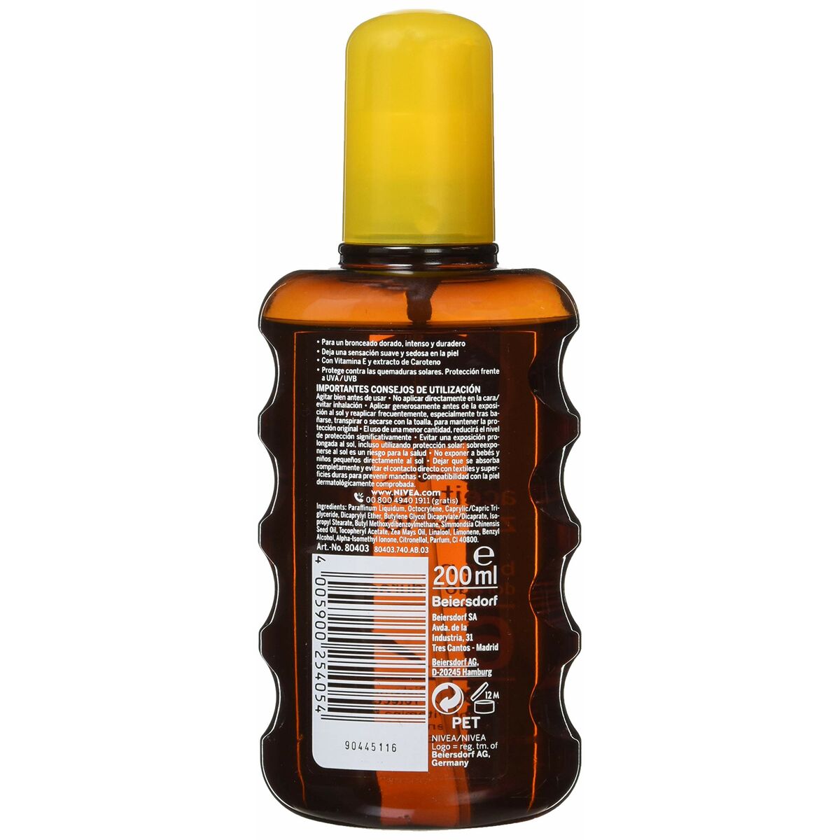 Solcremeolie Nivea SUN ZANAHORIA Spf 6 200 ml produktemballage