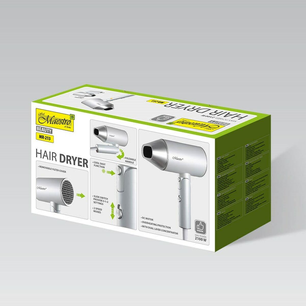 Hårtørrer Feel Maestro MR-213 Sølv 2100 W produktemballage