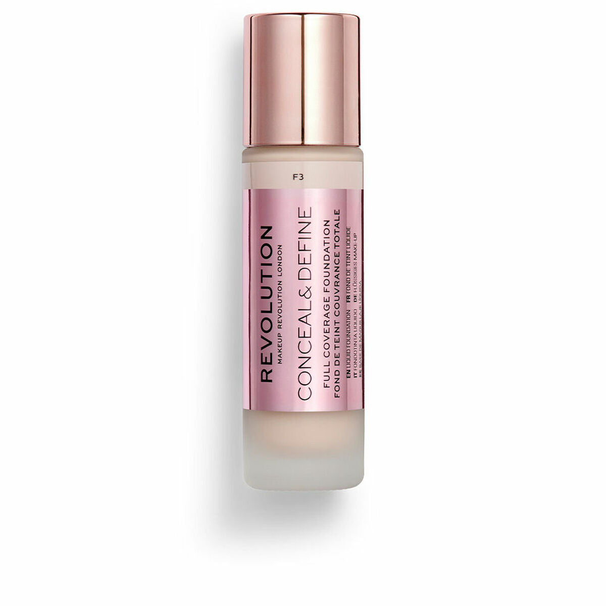 Flydende Make Up Base Revolution Make Up Conceal Define F3 23 ml produktemballage