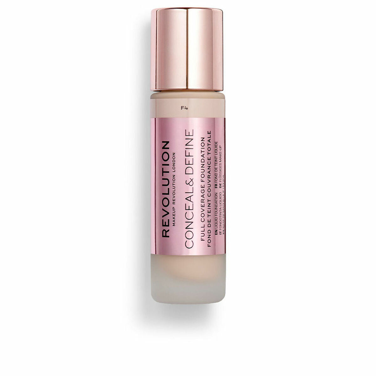 Flydende Make Up Base Revolution Make Up Conceal Define F4 23 ml produktemballage