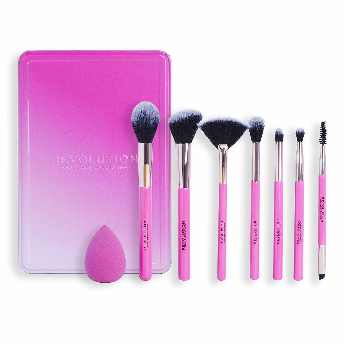 Sæt med make-up børster Revolution Make Up The Brush Rediger Pink 8 Pieces produktemballage